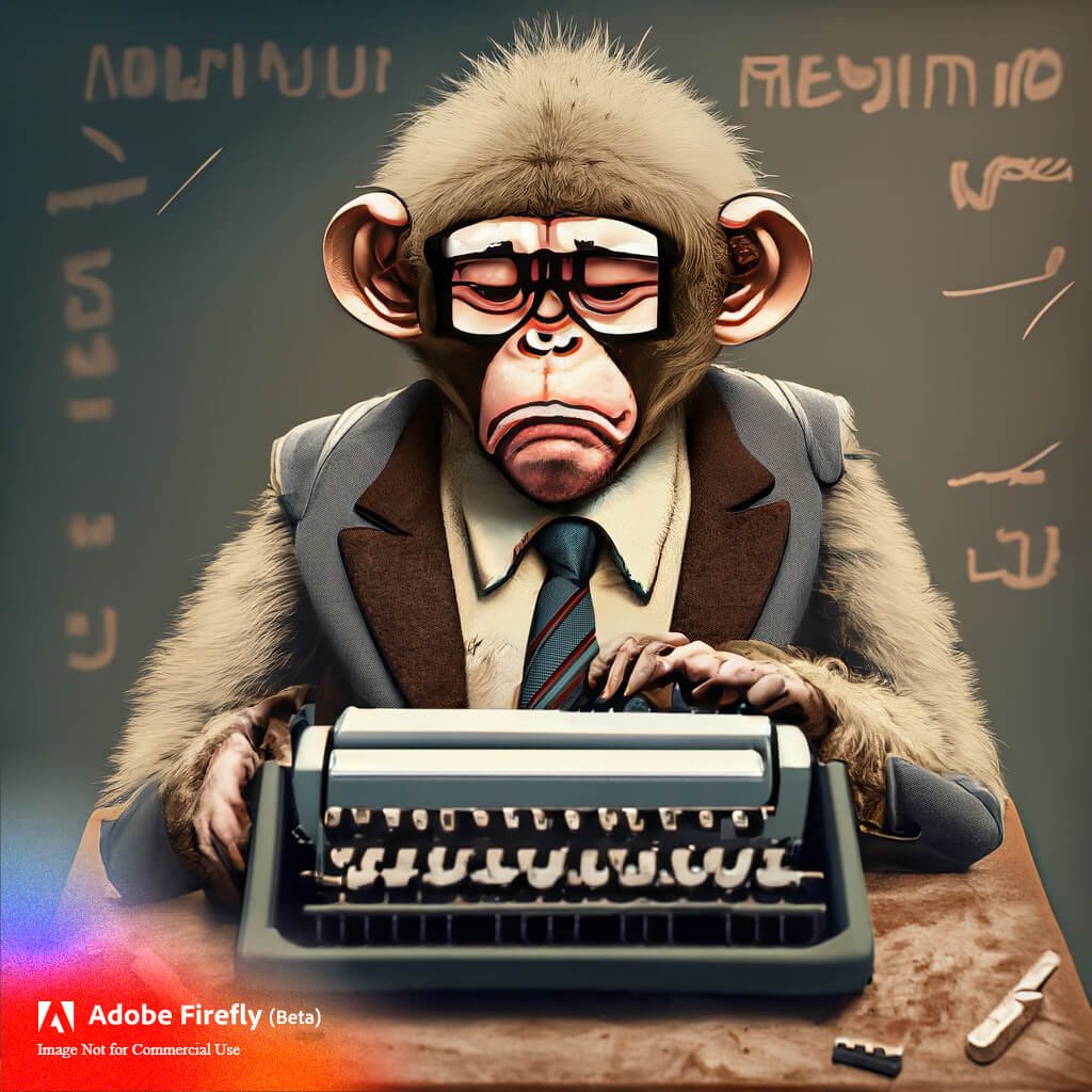 Monkey writing eulogy using typewriter powered by Adobe Firefly